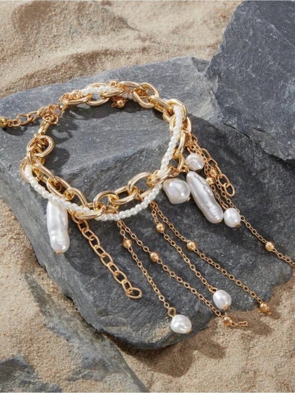 Gold Pearl Statement Charm Bracelet
